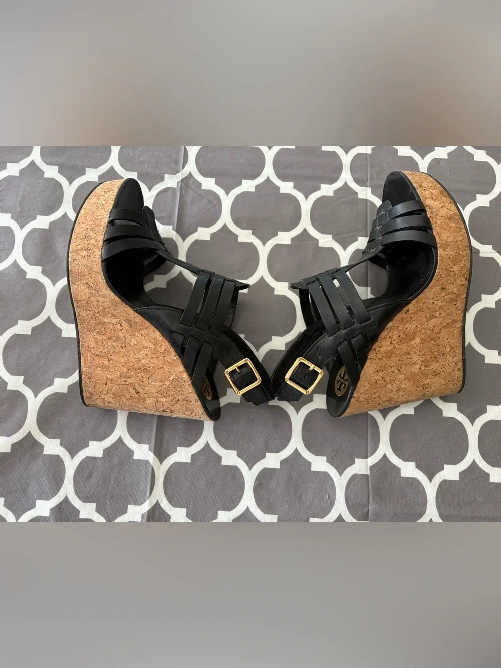 Tory Burch Leslie Black Leather Cork Wedge Sandals